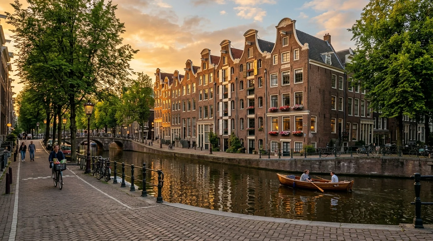 Nederlandse woonwijk met rijtjeshuizen in de avondzon